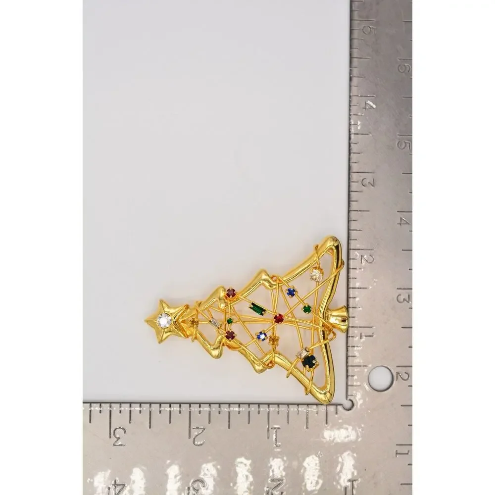 Vintage Christmas Tree Pin Brooch Rhinestone Crystal Wired Gold Holiday BinAP